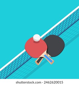 Vector, ilustración, dibujos, deportes, tenis, ping pong, raquetas de ping pong en la cancha con una pelota, EPS10