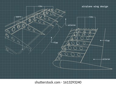 Vector illustration of drawings of the wings of an airplane and its internal structure