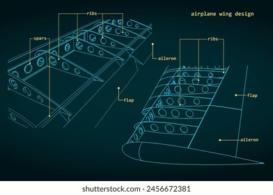 Vector illustration of drawings of the wings of an airplane and its internal structure