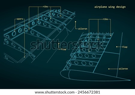 Vector illustration of drawings of the wings of an airplane and its internal structure