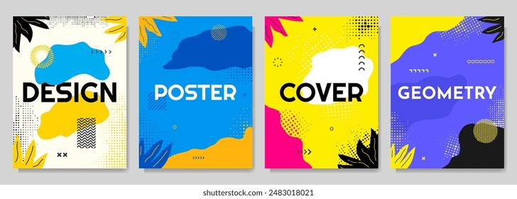 Vector illustration. Drawn abstract color memphis pattern background. Flat style blotches, geometric lines, halftone dots, tropical leaves. Design for poster, magazine, cover, flyer, layout, card