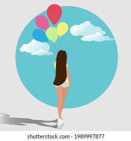 A vector illustration is drawn. Against the background of a circle and clouds, a girl with balloons.