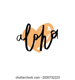 Ilustración vectorial de la palabra aloha dibujada a mano con forma cardíaca en el fondo. Arte y caligrafía con letras modernas.