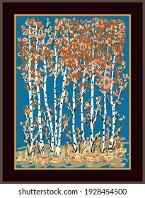 Vector illustration of drawn autumn birch grove in picture frame