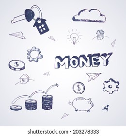 Vector illustration drawn by hand with charts, money, arrows on business