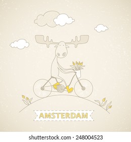 Vector illustration drawn by hand in sketch style. Elk on the bike. Sivol Amsterdam.