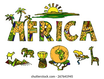 Vector illustration drawn by hand, a set of elements of African ethnic symbols