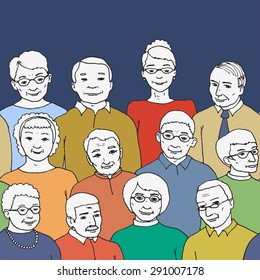 Vector illustration drawn by hand. endless horizontal pattern with the image of a group of elderly people and pensioners. Grandmothers and Grandfathers