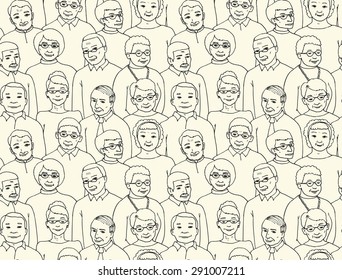 Vector illustration drawn by hand. endless pattern with the image of a group of elderly people and pensioners. Grandmothers and Grandfathers