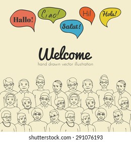 Vector illustration drawn by hand. flyer with a picture of a group of elderly people and pensioners. grandparents with speech clouds with the word "hello" in different languages