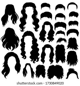 Vector illustration of drawn contours of hair and hairstyles, women's and men's models