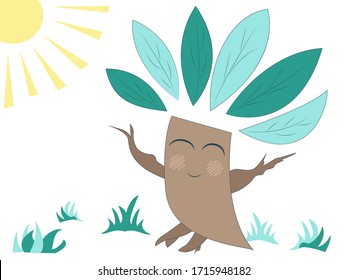 Vector illustration of a drawn cute tree on which the sun shines. Environmental protection on Earth. Forest protection, ecosystems. Tree for logo. Design for T-shirts, postcards