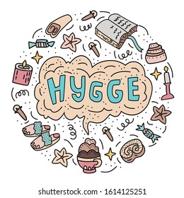 Vector illustration drawn in doodle style with cozy things and the word hugge drawn. Drawing in pastel colors. For poster or print.