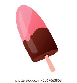 Vector illustration drawn entirely by hand. Image of berry ice cream in chocolate glaze on a stick. Isolated on white background clip art. Concept of summer dessert, guilty pleasure, refreshing frozen