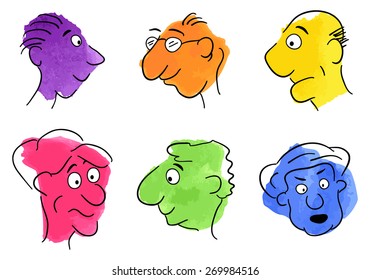 vector illustration of drawn faces on watercolor stains