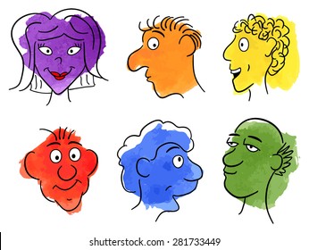 vector illustration of drawn faces on watercolor stains