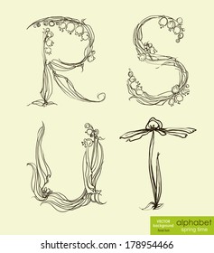 Vector illustration drawn floral font.  Font spring time