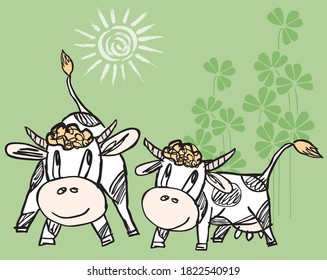 Vector illustration of drawn funny cartoon bull and cow