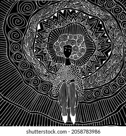 Vector illustration. Drawn with a gel pen on paper. A girl in striped tights sits with her hands on her knees. She dreams, remembers pleasant moments. Around her a rainbow world