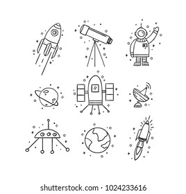 vector illustration. drawn from the hands of doodles on the topic of infinite space. graphic elements of spaceships, planets of the solar system make up an interesting pattern