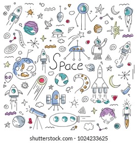 vector illustration. drawn from the hands of doodles on the topic of infinite space. graphic elements of spaceships, planets of the solar system make up an interesting pattern