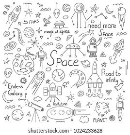 vector illustration. drawn from the hands of doodles on the topic of infinite space. graphic elements of spaceships, planets of the solar system make up an interesting pattern
