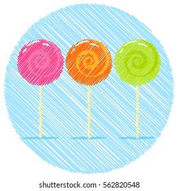 Vector illustration of drawn marker scribble colored candies lollipops popsicles