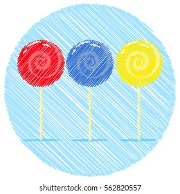 Vector illustration of drawn marker scribble colored candies lollipops popsicles
