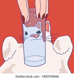 Vector illustration. Drawn meme, cat and glass.