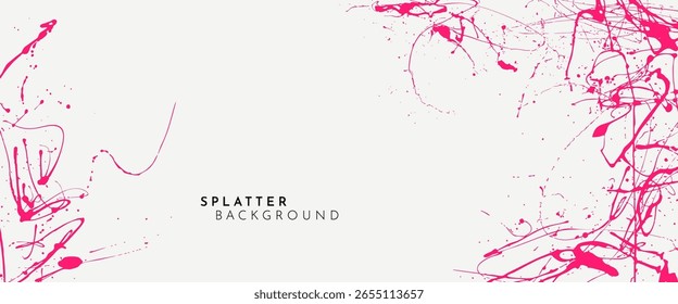 Vector illustration. Drawn red color paint splatter on soft white background. Panoramic wallpaper of chaotic ink splashes. Dynamic messy dye concept. Modern artistic painting. Horizontal backdrop