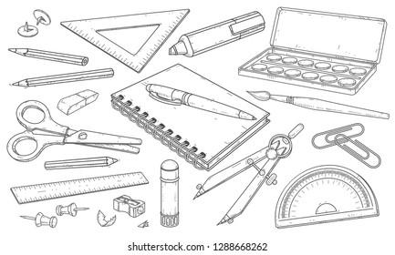 Vector illustration. Drawn set of stationery, art materials, line drawing pens and pencils.