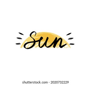 Ilustración vectorial de la palabra del sol dibujada a mano y su silueta sobre el fondo. Leer arte y caligrafía.