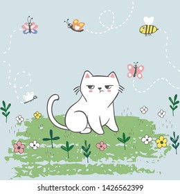 Vector illustration drawn with a tablet. Cute cat catches flying insects, summer day, lovely card drawn with colored crayons