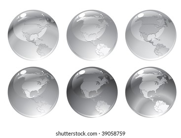 Vector Illustration of dray globe icons with different continents.