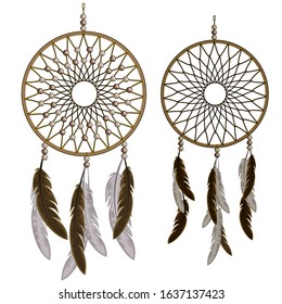 Vector illustration of dream catcher classic, traditional weaving decoration made of feathers and beads