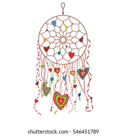 vector illustration of  dream catcher with hearts in rustic bohemian style and colorful ribbons for Valentines Day decoration and greeting cards
