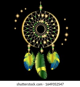 Vector illustration of dream catcher magic glowing talisman with feathers and netting