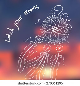 vector illustration of dream catcher on the blur sky background with label "catch your dream"