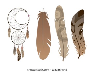 Vector illustration of dream catcher with patterns in the form of an incomplete moon. Beautiful feathers are tied to a dream catcher and separately drawn next.