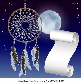 Vector illustration of dream catcher scroll as an empty template for text background of the night a mystical magical world