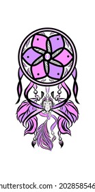 vector illustration of a dream catcher in soft pink and purple color, with variations of the face and goose feathers.  suitable for t-shirt design, wall decoration, canvas painting