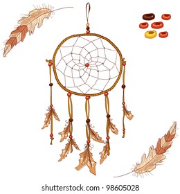 Vector illustration of dreamcatcher with feathers and beads
