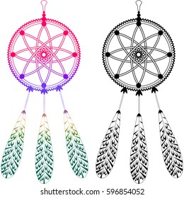 Vector illustration of dreamcatcher - native american indian traditional symbol. Colorful and monochrome variants.