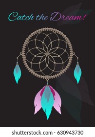 Vector illustration of dreamcatcher with neon feathers and the inscription Catch the dream