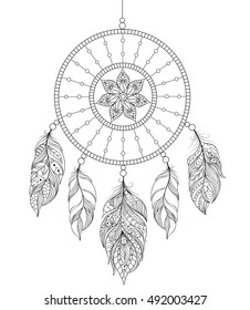 Vector illustration of dreamcatcher on white background.Coloring book for adult.