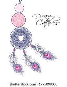 Vector illustration of a dreamcatcher with a peacock feathers on a white background