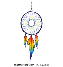 Vector illustration dreamcatcher with rainbow feathers