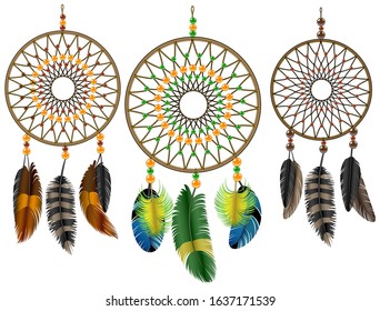 Vector illustration Dreamcatcher set of different colors classic traditional weaving decoration of feathers and beads