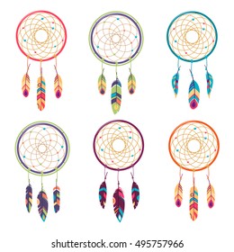 Vector illustration of a Dreamcatcher, set on white Background, flat style. Dreamcatcher with Coloured Feathers. Ethnic illustration.