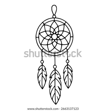 A vector illustration of a dreamcatcher with three feathers, featuring a detailed circular design and a simple, elegant style.